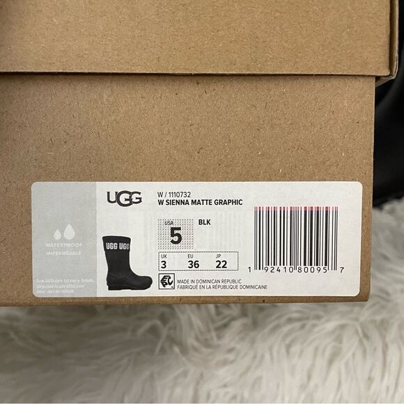 UGG WOMENS SIENNA MATTE GRAPHIC TALL RUBBER BOOTS WATERPROOF BLACK SZ 5 NEW - Picture 7 of 7